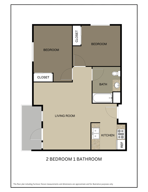 Floor plan for 2 beds, 1 bath, 735 sqft